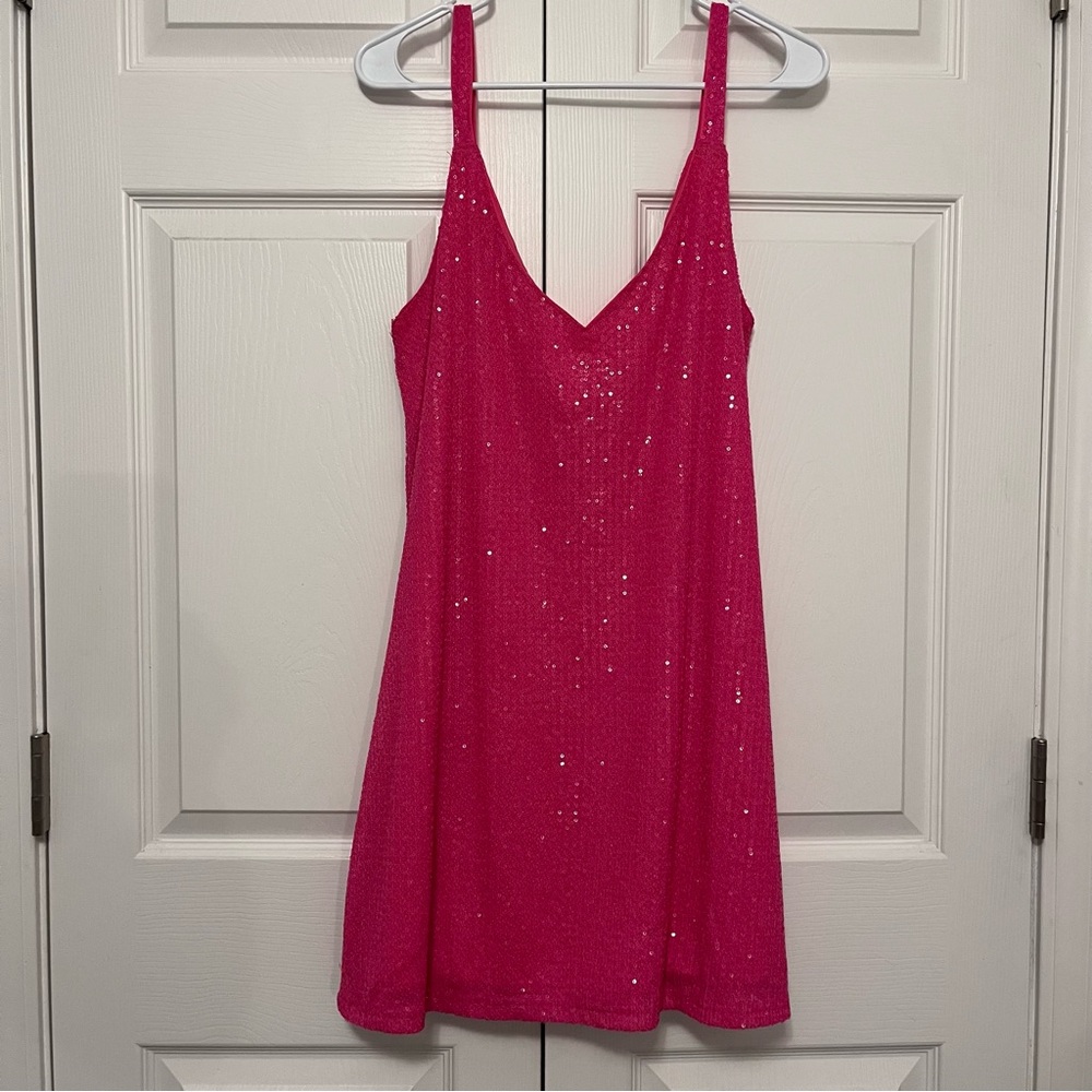 Pink Sequin Mini Tank Slip A-Line Sleeveless Dress Stretch 80s Club Medium